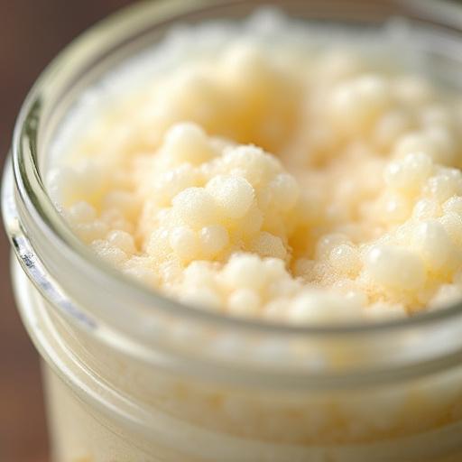 Primer plano de una masa madre activa y burbujeante en un frasco de cristal, mostrando su vitalidad